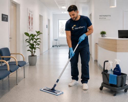 Ammattilainen siivoamassa yrityksen toimitilaa