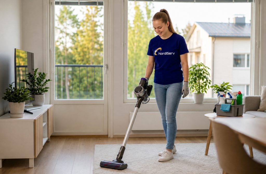 NordiServin siivooja imuroimassa valoisaa kotia
