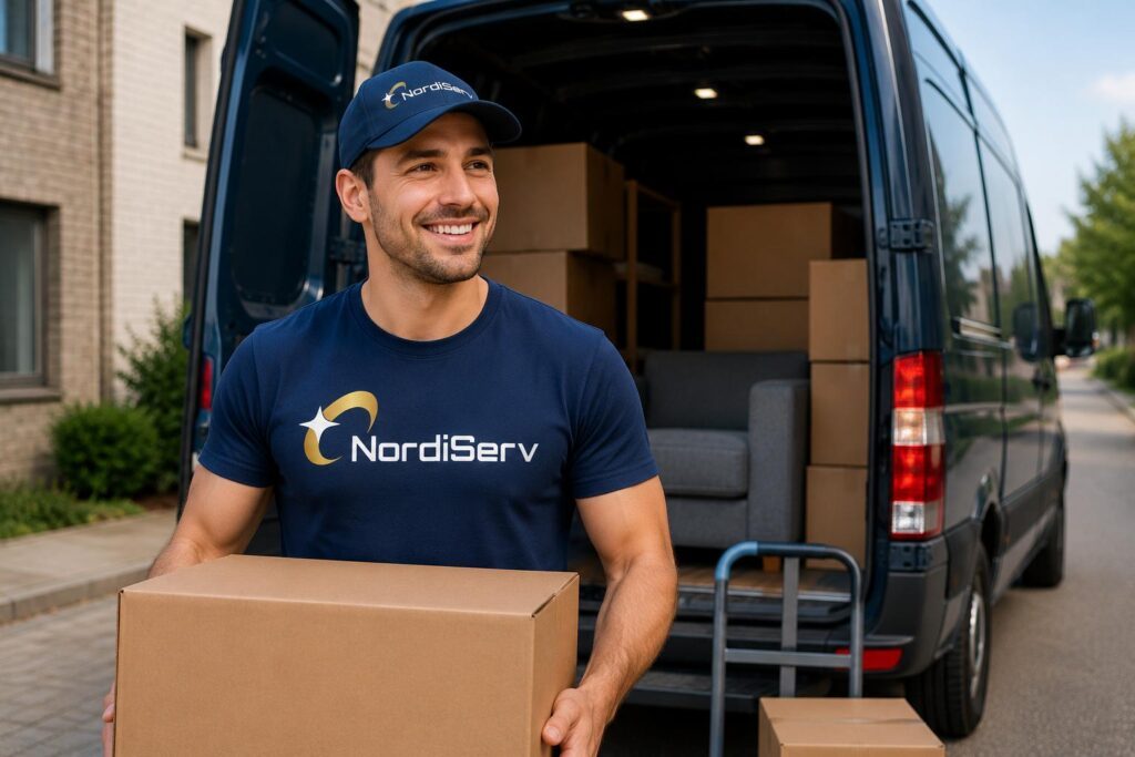NordiServin muuttotyöntekijä kantamassa laatikkoa pakettiauton luona