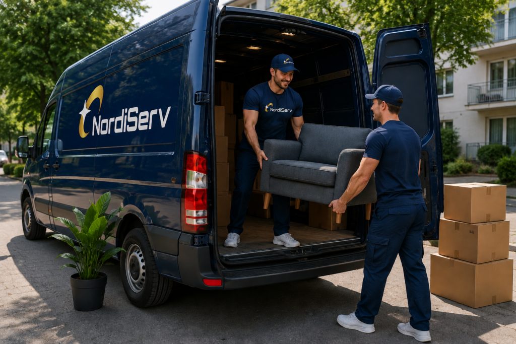 NordiServin muuttotyöntekijät kantamassa kalustetta pakettiautoon
