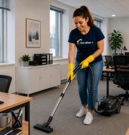 NordiServin ammattilainen imuroimassa toimiston lattiaa